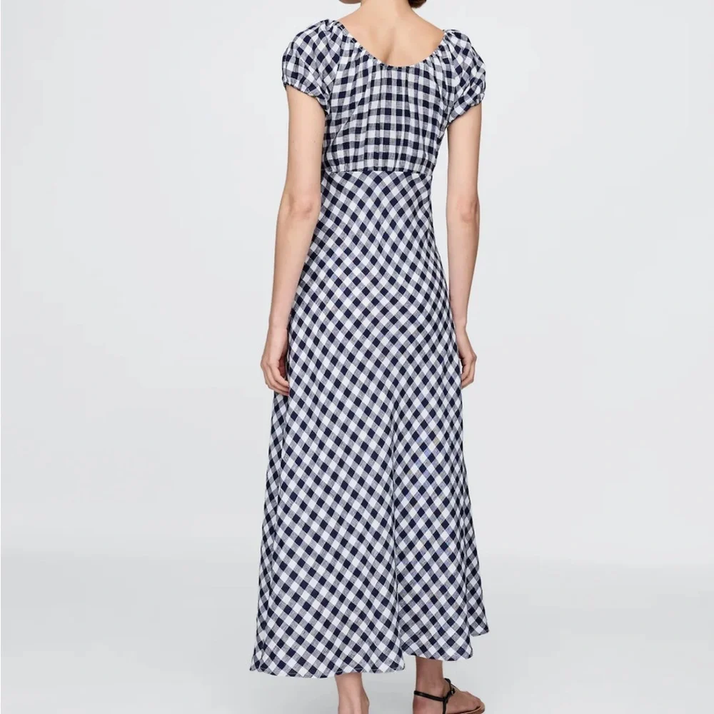 DOEN Navy Gingham Midi Dress - Women's Cap Sleeve Maxi - Picture 3 of 7